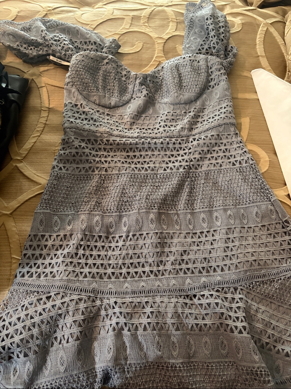 Bardot Lucille Off The Shoulder Lace Dress in Dusty Blue